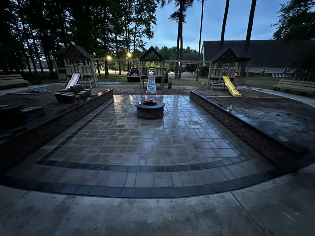 Completed Paver Patio with Fire Pit at Dusk
